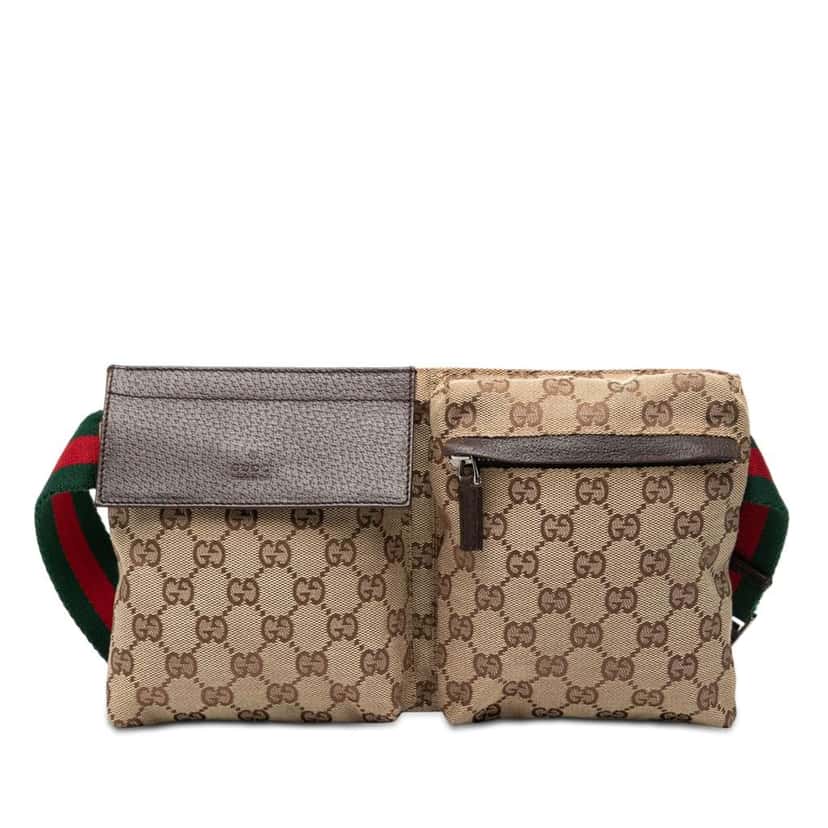 Gucci GG Canvas Web Double Pocket Belt Bag Brown Canvas Very good condition - Front View