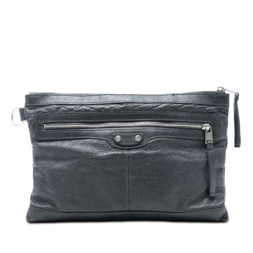 Balenciaga Lambskin Motocross Classic Clip M Clutch Grey Leather Very good condition - Front View