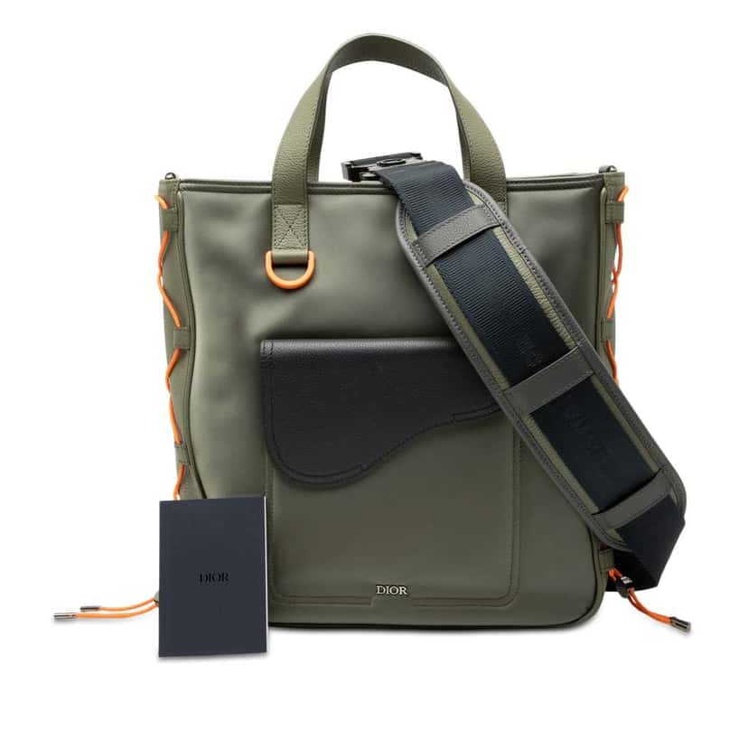 Dior Sacai Nylon and Leather Saddle Tote Green Good condition - Front View