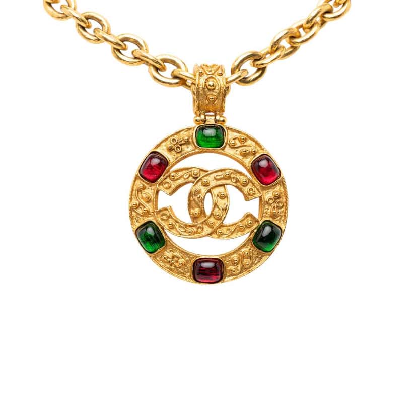 Chanel Gold Plated Gripoix CC Round Pendant Necklace Gold Metal Good condition - Front View