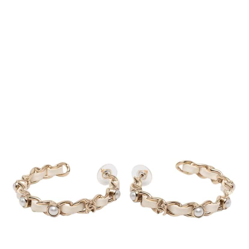 Chanel CC Leather Woven Gold Plated Chain Faux Pearl Hoop Push Back Earrings Gold Metal Good condition - Front View