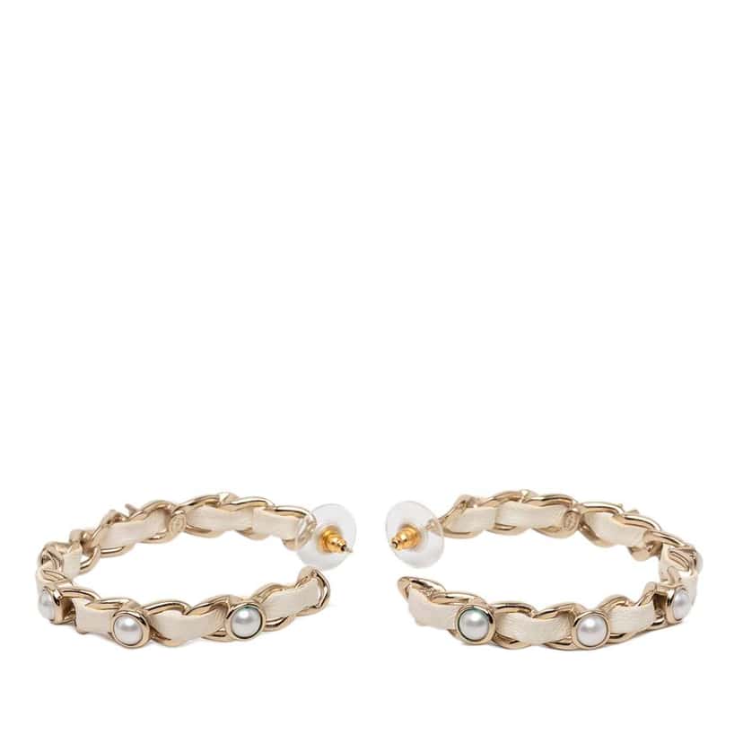 Chanel CC Leather Woven Gold Plated Chain Faux Pearl Hoop Push Back Earrings Gold Metal Good condition - Back View