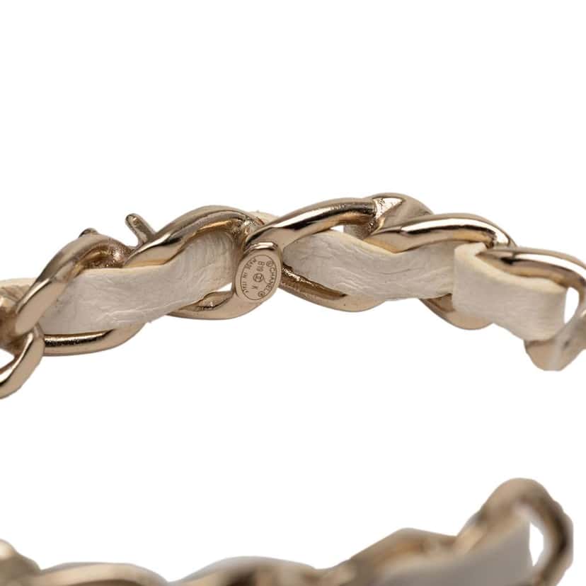 Chanel CC Leather Woven Gold Plated Chain Faux Pearl Hoop Push Back Earrings Gold Metal Good condition - Inside View