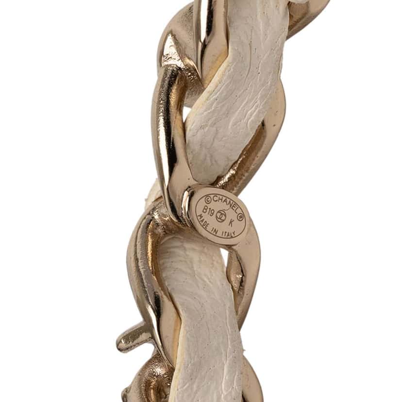 Chanel CC Leather Woven Gold Plated Chain Faux Pearl Hoop Push Back Earrings Gold Metal Good condition - Model View