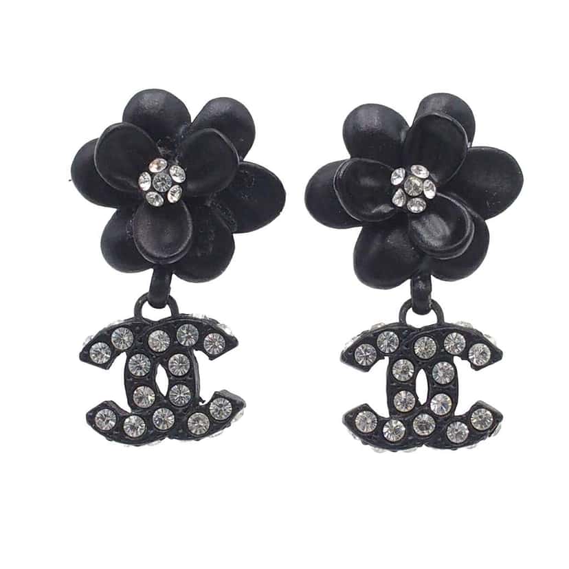 Chanel Metal Resin Rhinestone Camellia CC Drop Push Back Earrings Black Brass Good condition - Front View