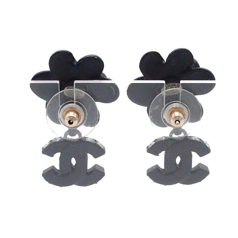 Chanel Metal Resin Rhinestone Camellia CC Drop Push Back Earrings Black Brass Good condition - Back View