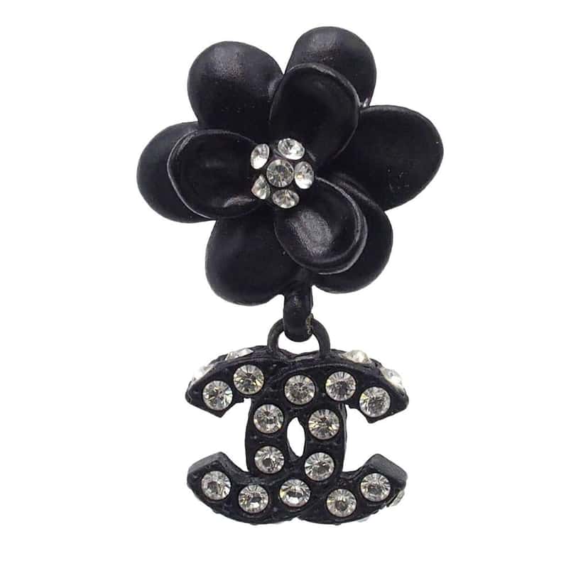 Chanel Metal Resin Rhinestone Camellia CC Drop Push Back Earrings Black Brass Good condition - Inside View