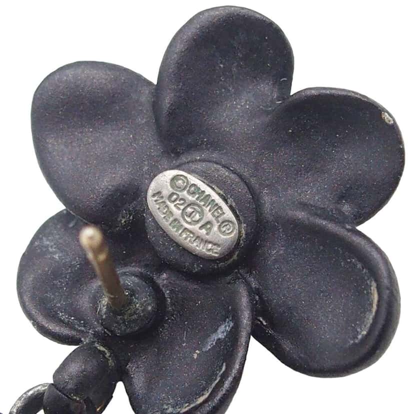 Chanel Metal Resin Rhinestone Camellia CC Drop Push Back Earrings Black Brass Good condition - Box View