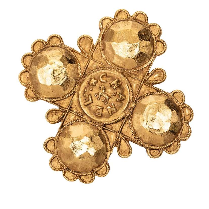 Chanel Gold Plated Lion Logo Cross Brooch Gold Metal Good condition - Front View