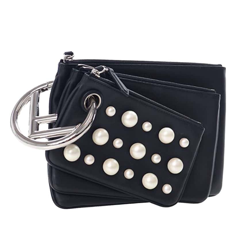 Fendi Leather Pearl Studded Triplette Clutch Black Leather Very good condition - Front View