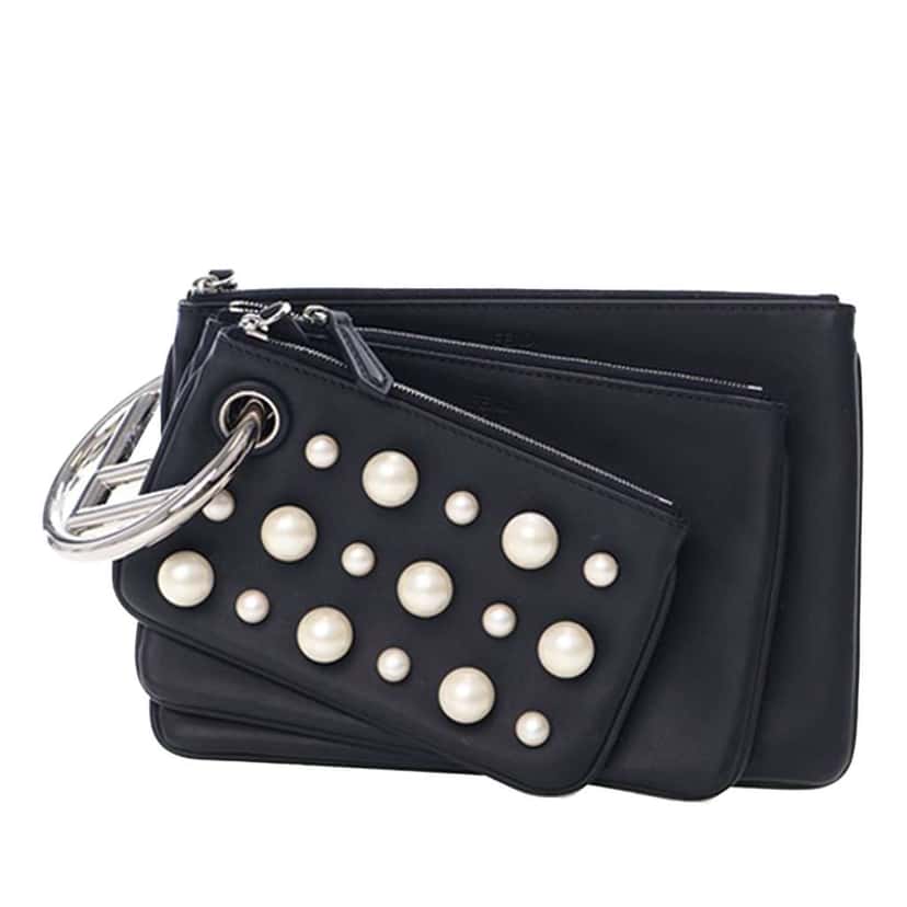 Fendi Leather Pearl Studded Triplette Clutch Black Leather Very good condition - Back View