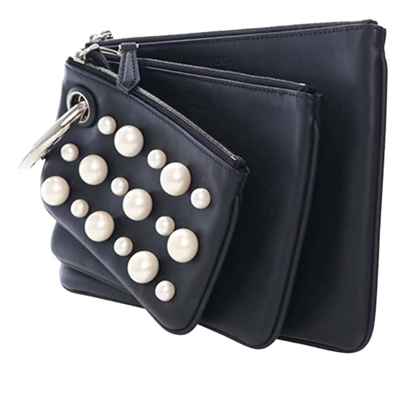 Fendi Leather Pearl Studded Triplette Clutch Black Leather Very good condition - Inside View