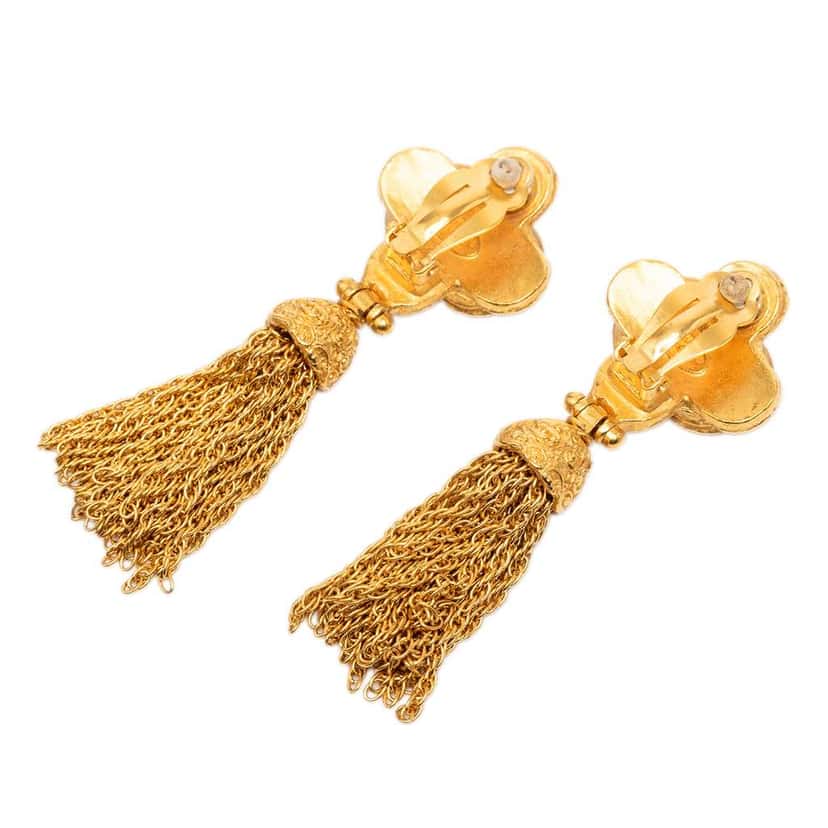 Chanel Gold Plated CC Tassel Fringe Dangle Clip On Earrings Gold Metal Good condition - Back View