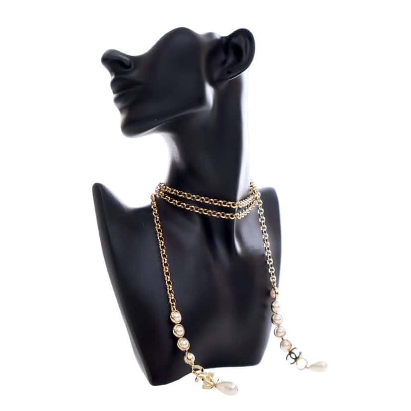Chanel CC Gold Plated Faux Pearl Wrap Around Necklace Gold Metal Very good condition - Back View