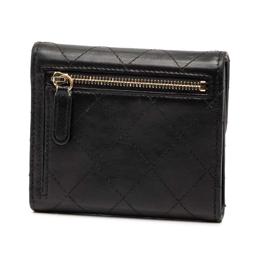 Chanel CC Quilted Lambskin Trifold Wallet Black Leather Good condition - Back View