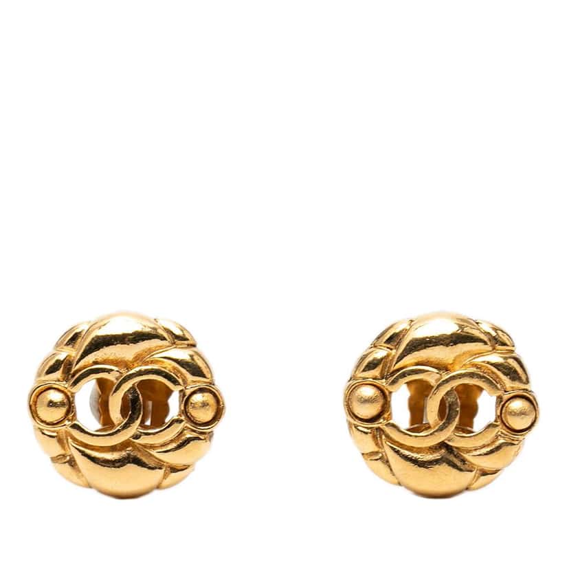 Chanel Gold Plated CC Hollow Round Clip On Earrings Gold Metal Very good condition - Front View
