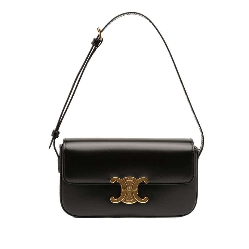 Celine Shiny Calfskin Triomphe Claude Shoulder Bag Black Leather Good condition - Front View