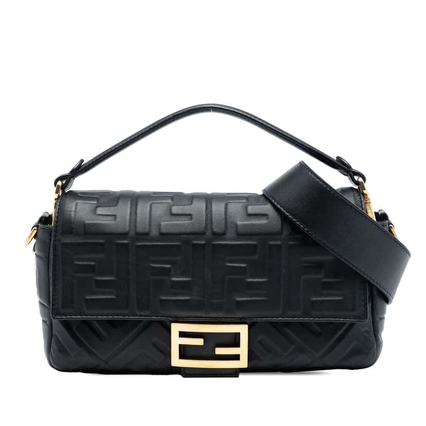 Fendi Zucca Embossed Leather Baguette Satchel Black Leather Good condition - Front View