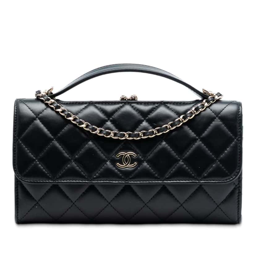 Chanel CC Quilted Calfskin Kiss Lock Flap Phone Holder On Chain Black Leather Very good condition - Front View