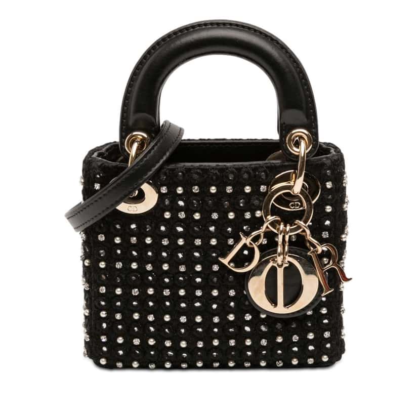 Dior Micro Satin Crystal Embellished Lady Dior Black Satin Very good condition - Front View