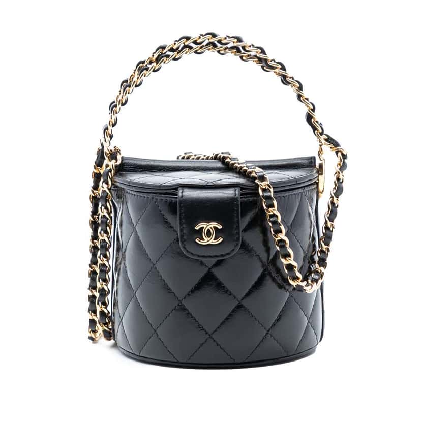 Chanel Mini Quilted Shiny Lambskin Double Sided Vanity Case with Chain Black Leather Good condition - Front View