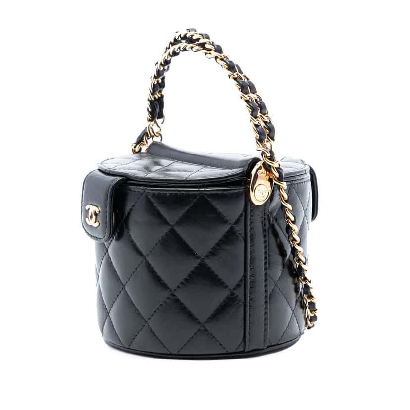 Chanel Mini Quilted Shiny Lambskin Double Sided Vanity Case with Chain Black Leather Good condition - Back View