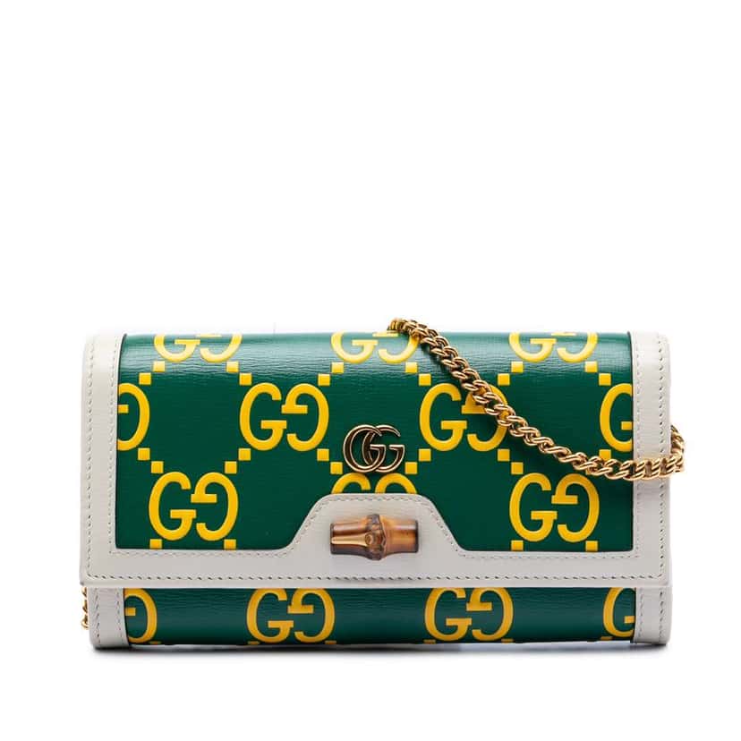 Gucci Bicolor Debossed GG Azalea Calfskin Bamboo Diana Wallet on Chain Green Leather Very good condition - Front View