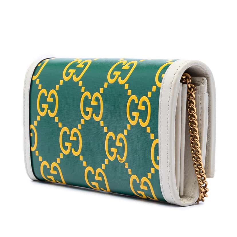 Gucci Bicolor Debossed GG Azalea Calfskin Bamboo Diana Wallet on Chain Green Leather Very good condition - Back View