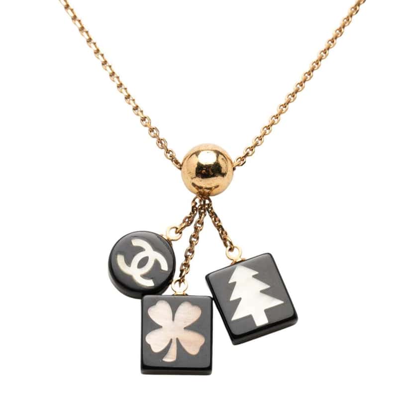 Chanel Gold Plated Resin CC Logo Tree Clover Pendant Necklace Gold Metal Good condition - Inside View