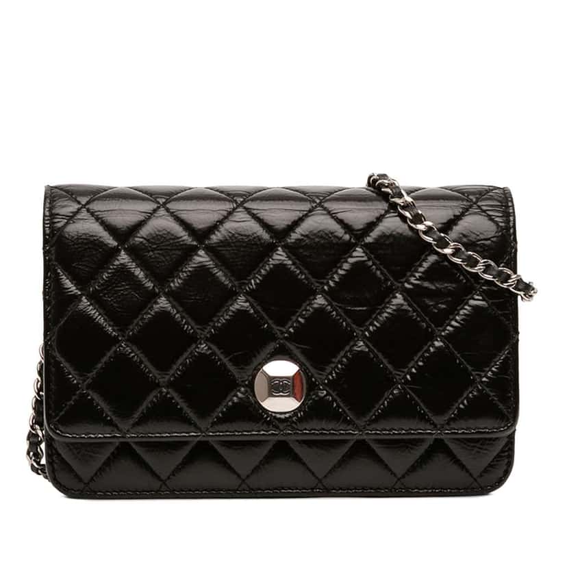 Chanel CC Quilted Crinkled Patent Wallet On Chain Black Leather Very good condition - Front View
