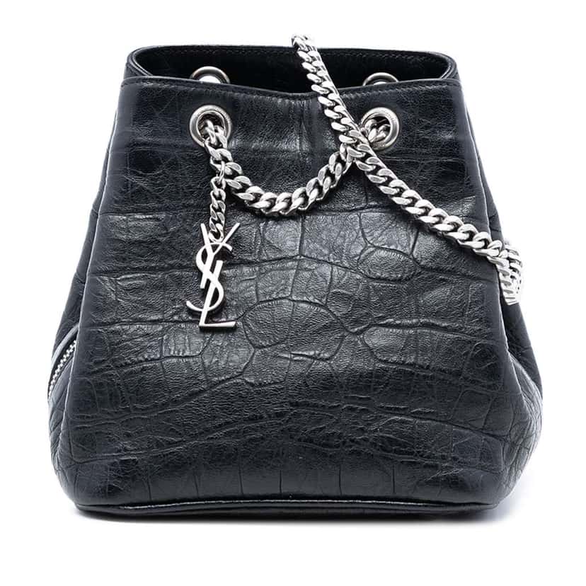 Saint Laurent Baby Crocodile Embossed Calfskin Emmanuelle Bucket Bag Black Leather Good condition - Front View