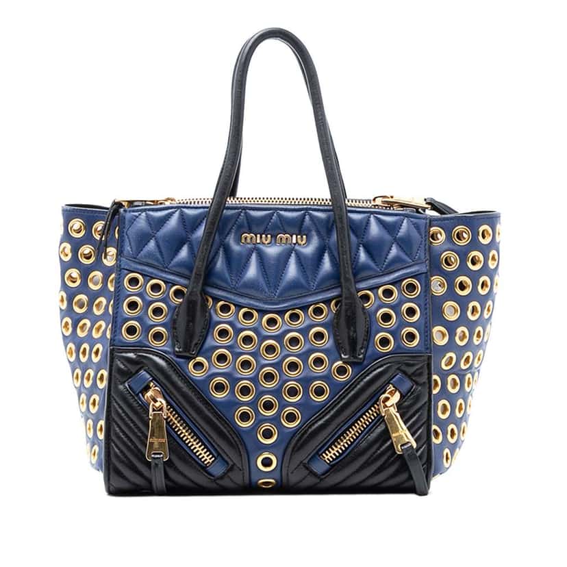 Miu Miu Small Nappa Grommet Biker Satchel Blue Leather Very good condition - Front View