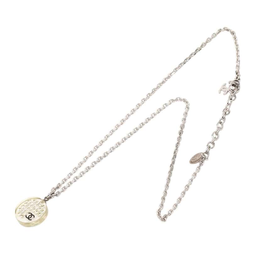 Chanel CC Silver Plated Resin Rhinestone Pendant Necklace Silver Metal Very good condition - Front View