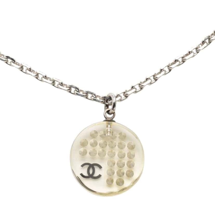 Chanel CC Silver Plated Resin Rhinestone Pendant Necklace Silver Metal Very good condition - Inside View
