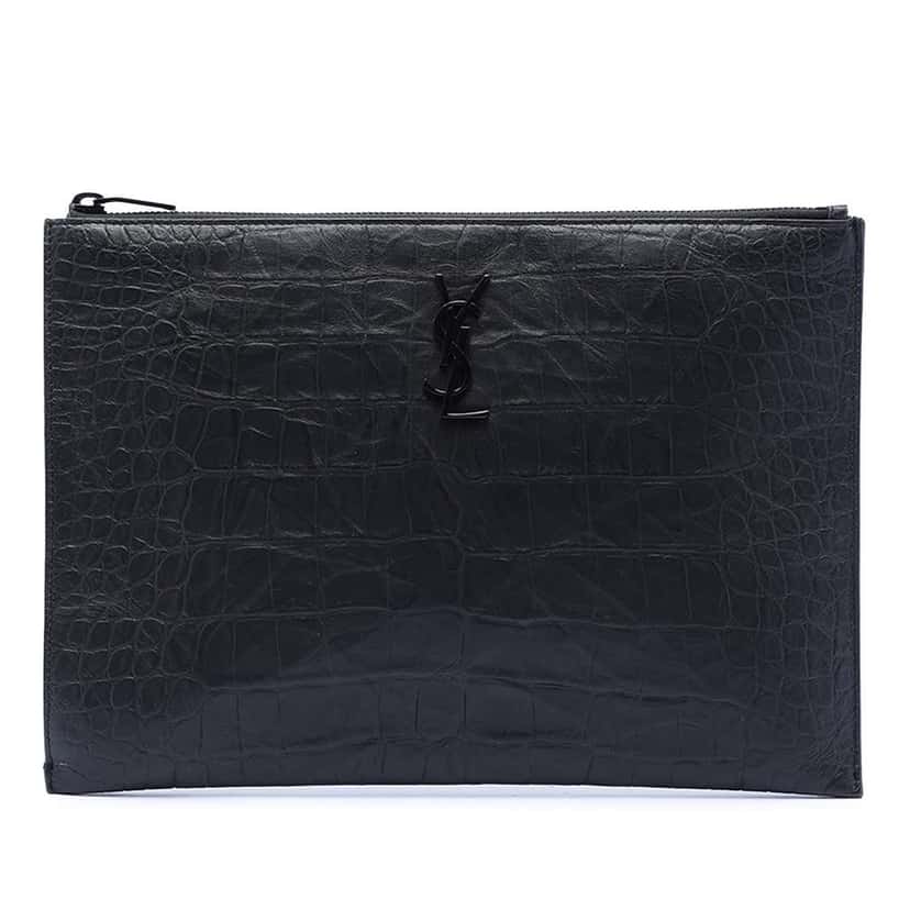 Saint Laurent Croc Embossed Leather Monogram Document Holder Black Leather Very good condition - Front View