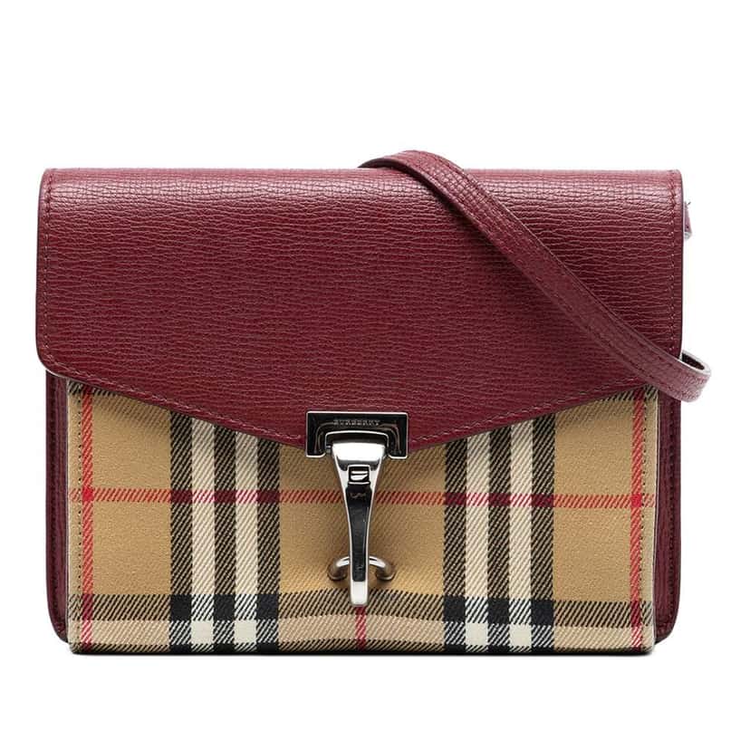 Burberry Small Leather and House Check Canvas Derby Macken Crossbody Red Leather Very good condition - Front View