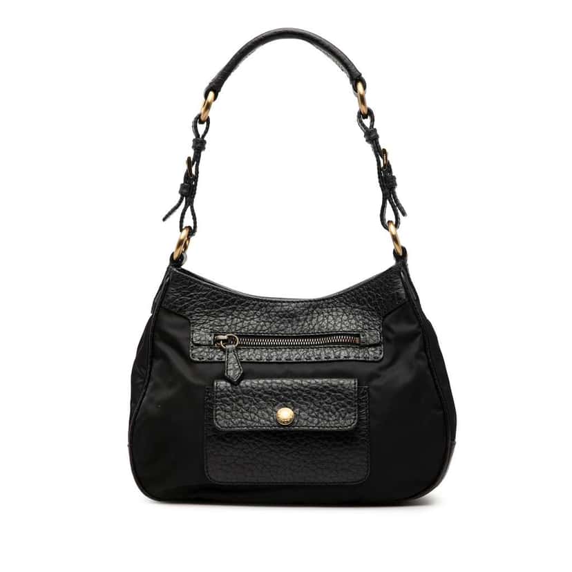 Prada Vitello Daino Trimmed Tessuto Shoulder Bag Black Very good condition - Front View