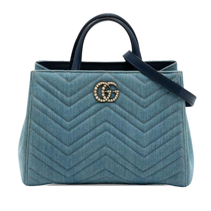 Gucci Small GG Marmont Matelasse Denim Pearly Satchel Blue Denim Very good condition - Front View
