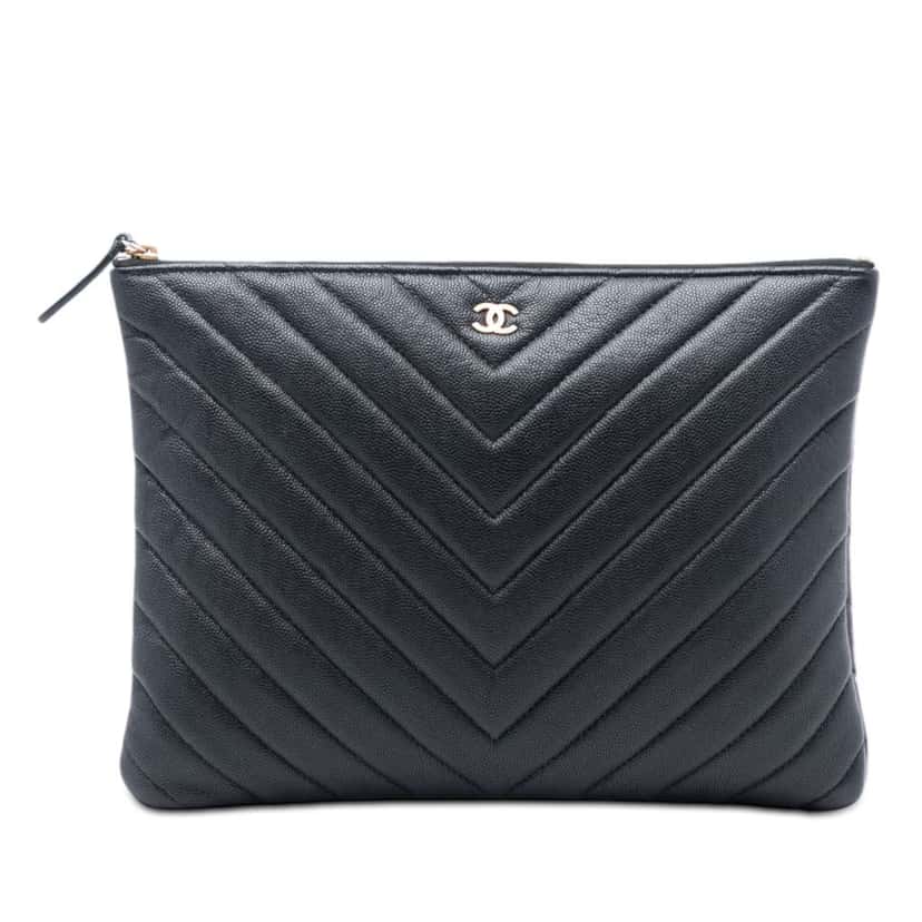 Chanel Medium CC Chevron Caviar O Case Clutch Black Leather Good condition - Front View