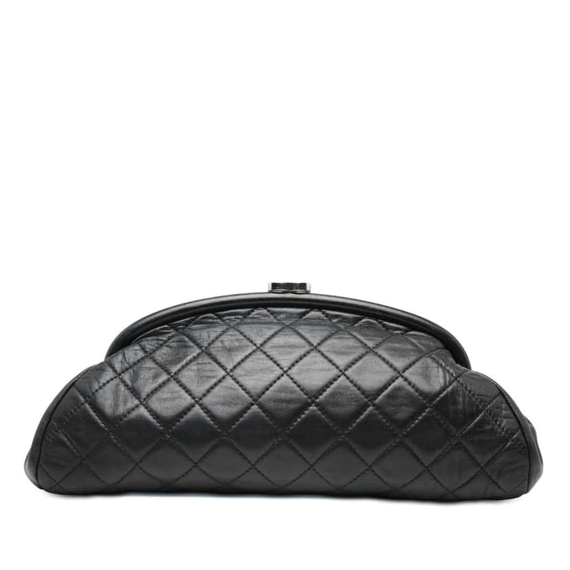 Chanel Quilted Lambskin Timeless Kisslock Clutch Black Leather Good condition - Front View