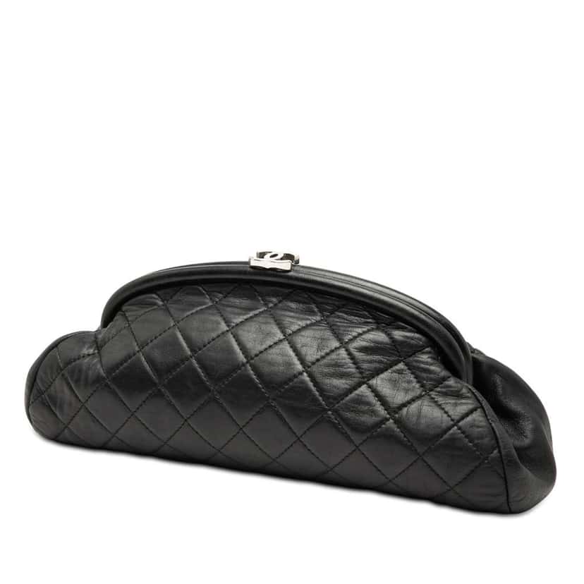 Chanel Quilted Lambskin Timeless Kisslock Clutch Black Leather Good condition - Back View