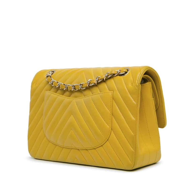 Chanel Medium Classic Chevron Lambskin Double Flap Yellow Leather Very good condition - Back View