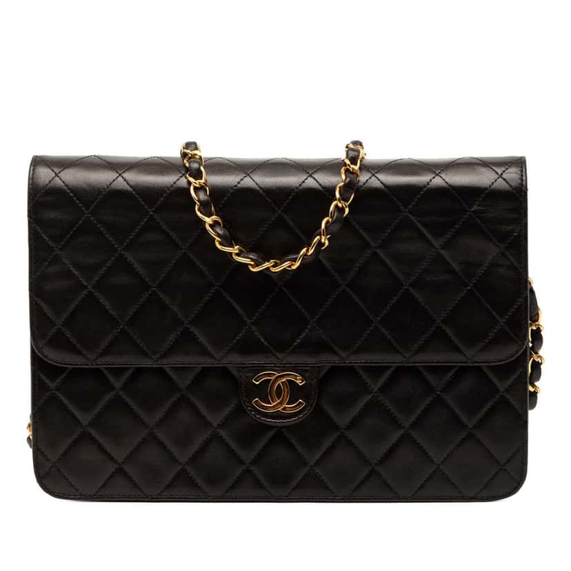 Chanel Medium CC Quilted Lambskin Single Flap Black Leather Very good condition - Front View
