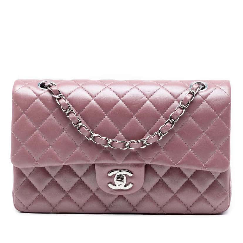 Chanel Medium Metallic Classic Lambskin Double Flap Pink Leather Good condition - Front View