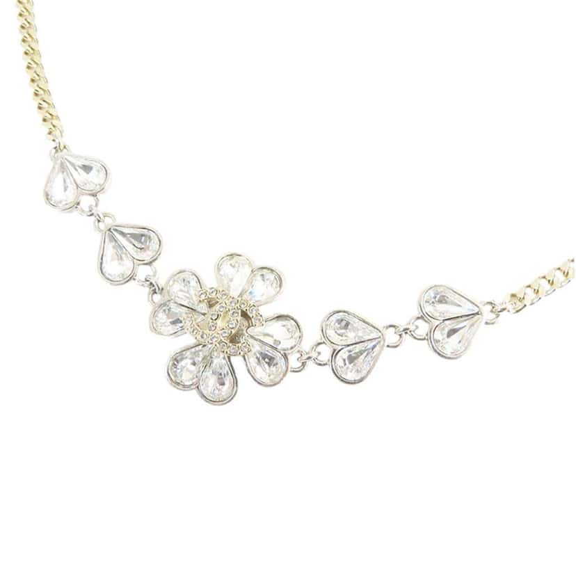 Chanel CC Gold and Silver Plated Crystals Heart and Clover Charm Pendant Necklace Gold Metal Very good condition - Back View