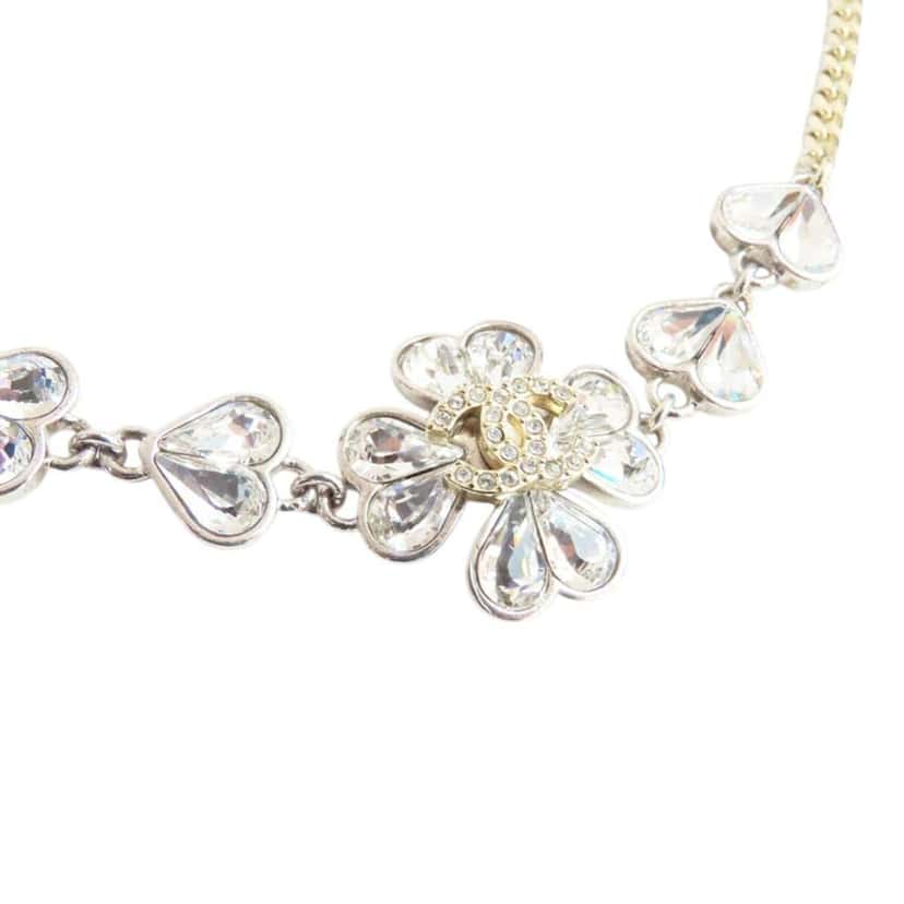 Chanel CC Gold and Silver Plated Crystals Heart and Clover Charm Pendant Necklace Gold Metal Very good condition - Inside View