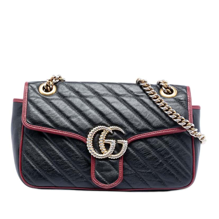 Gucci Medium GG Marmont Matelasse Diagonal Leather Torchon Shoulder Bag Black Leather Very good condition - Front View