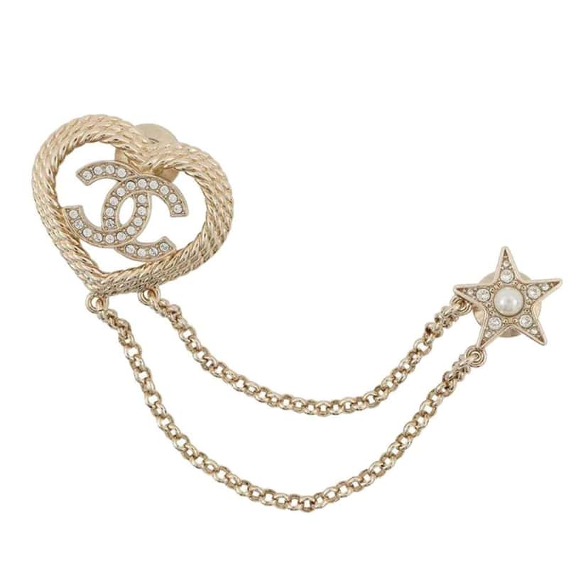 Chanel CC Gold Plated Rhinestone Faux Pearl Heart Star Double Brooch Gold Metal Very good condition - Front View