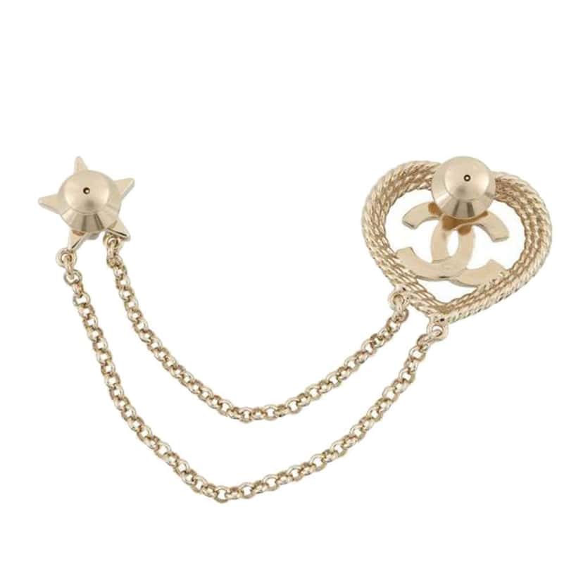 Chanel CC Gold Plated Rhinestone Faux Pearl Heart Star Double Brooch Gold Metal Very good condition - Back View