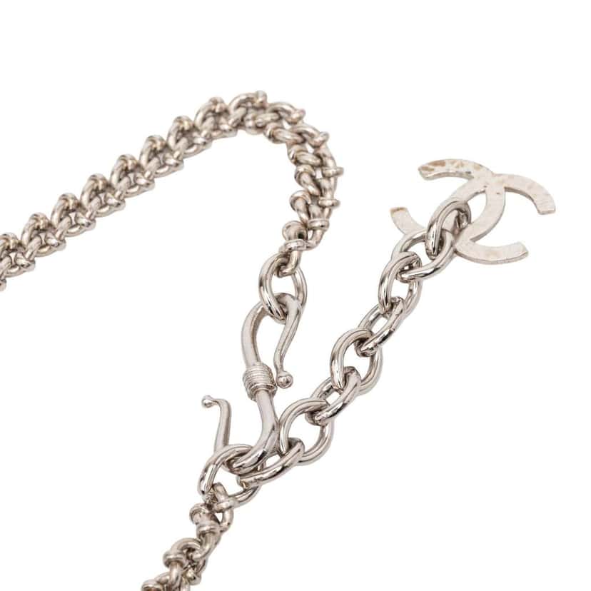 Chanel CC Silver Plated Enamel Camellia Pendant Necklace Silver Metal Very good condition - Back View